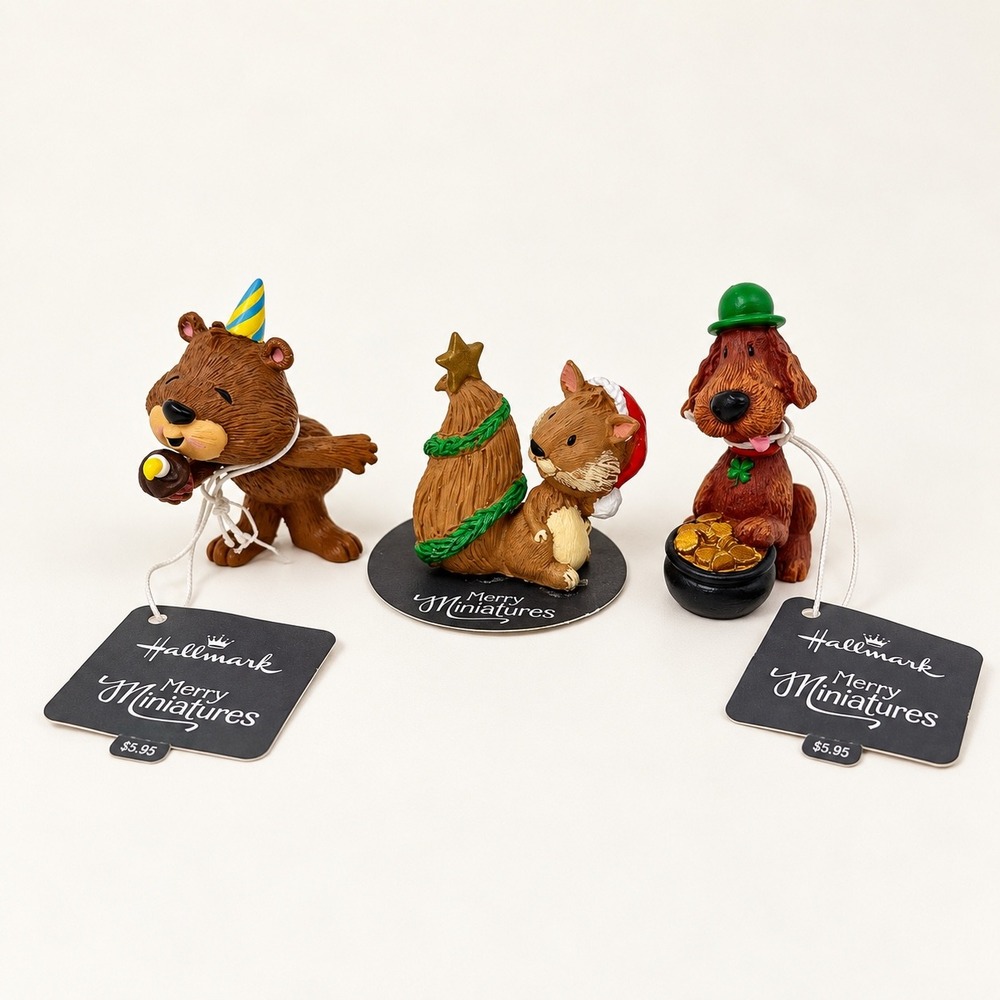 Hallmark Merry Miniatures Lot 3 Bear Squirrel Dog Trinket Shelf Decor